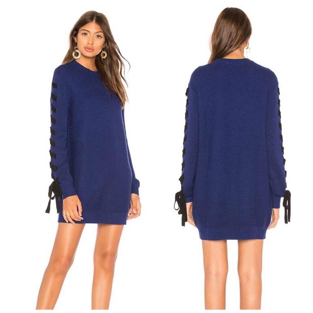 LOVERS + FRIENDS Madison Blue Sweater Dress Black Ribbon Lace Up‎ Sleeve XS